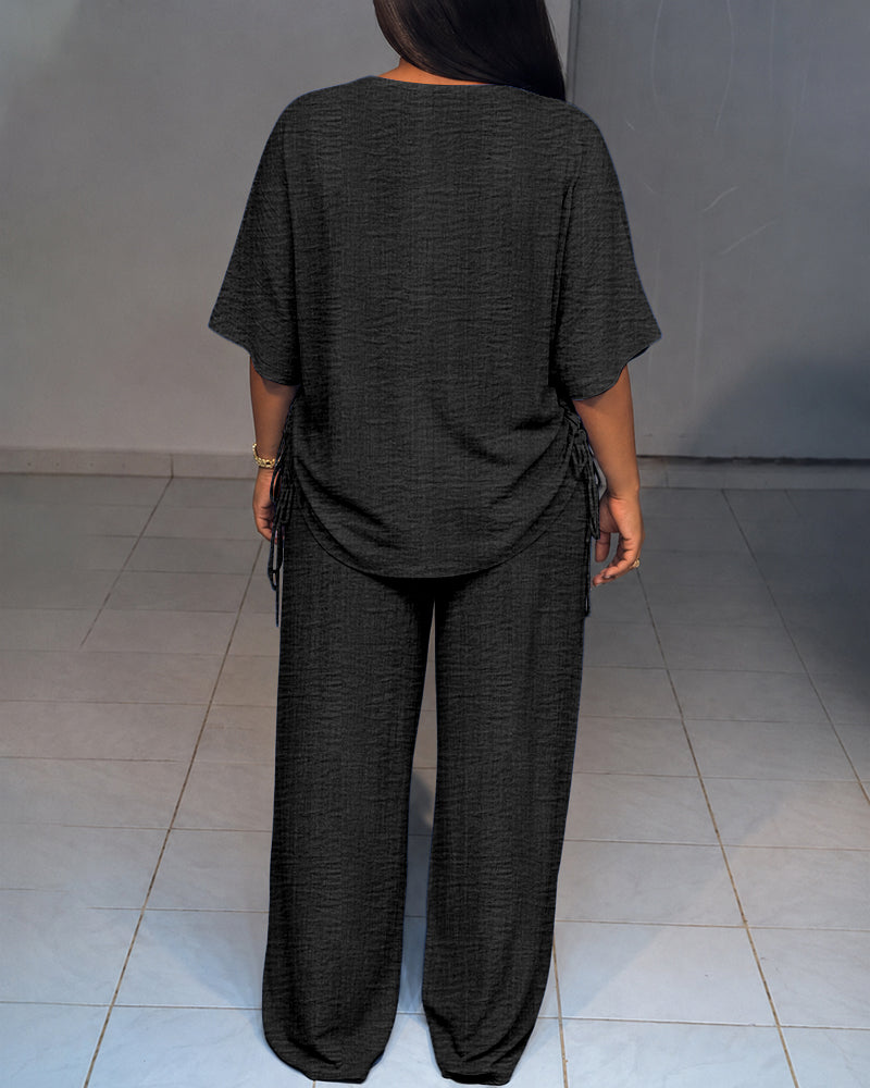 Women's Textured 2 Piece V Neck Drawstring Wide Leg Pants Set