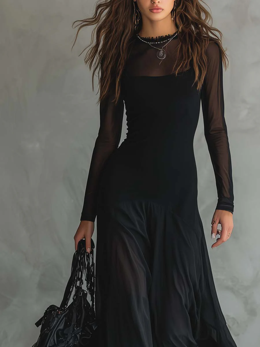 Black Tulle Patchwork Maxi Dress