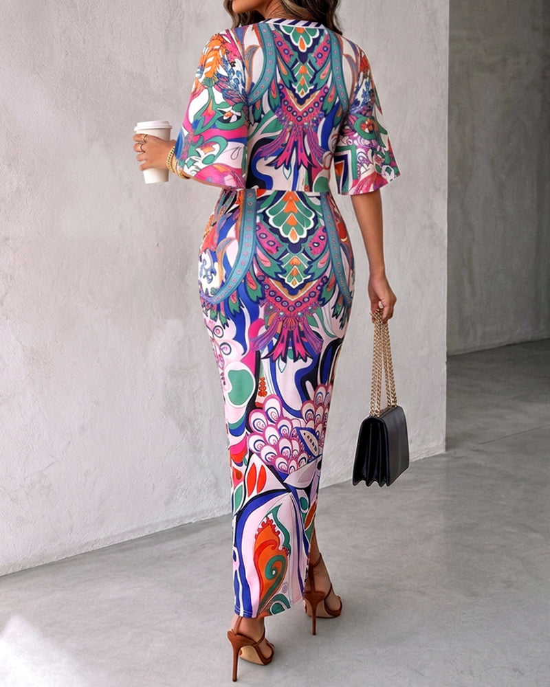 Women's Deep V Neck Abstract Print Ruched Front Slit Maxi Dress