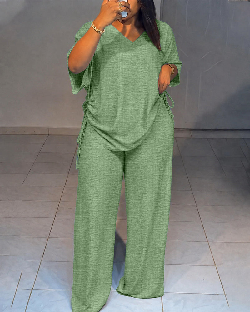 Women's Textured 2 Piece V Neck Drawstring Wide Leg Pants Set