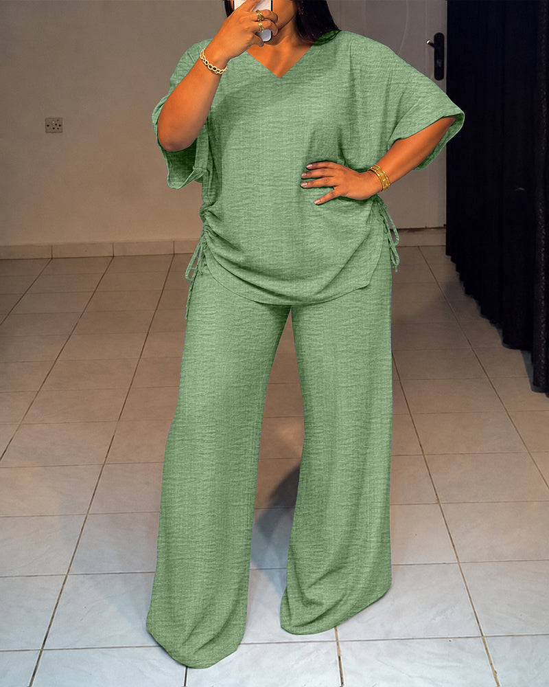 Women's Textured 2 Piece V Neck Drawstring Wide Leg Pants Set