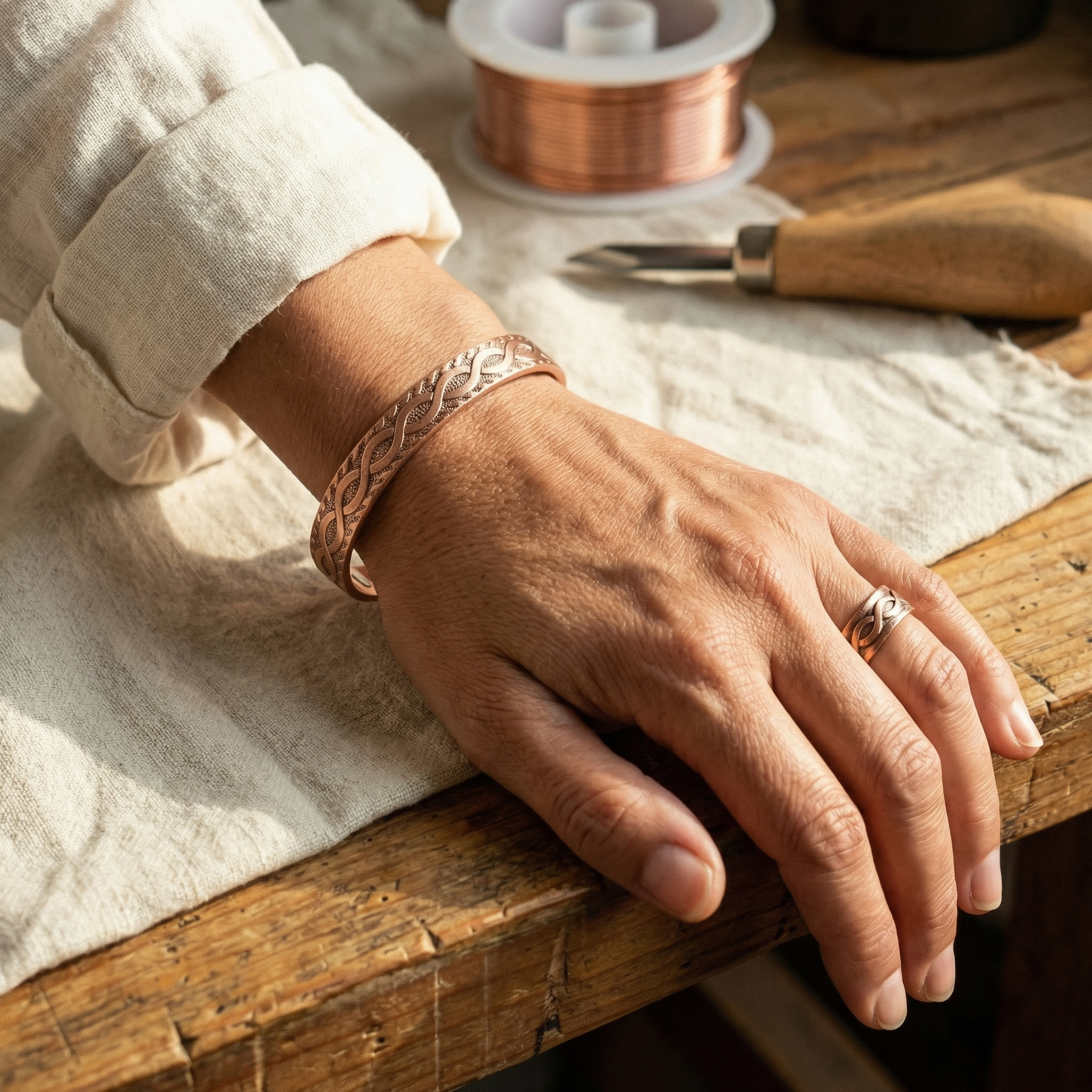 Talia | Engraved Knot-Pattern Copper Ring and Bracelet Set