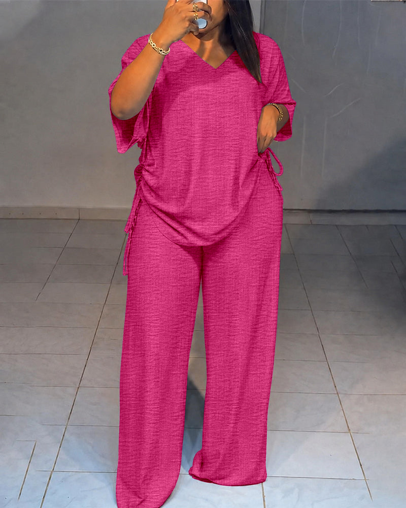 Women's Textured 2 Piece V Neck Drawstring Wide Leg Pants Set