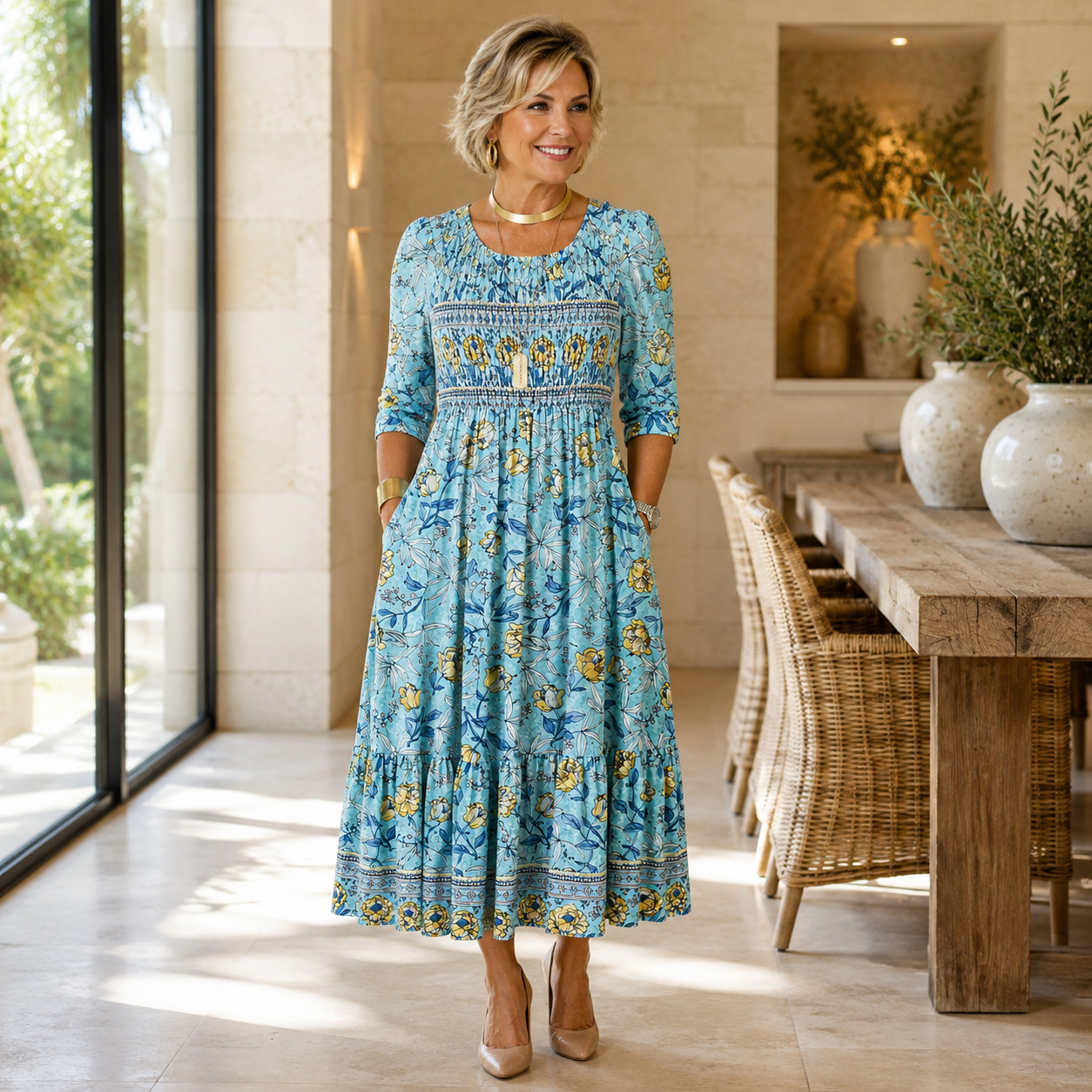 Golden Bloom Smocked Dress