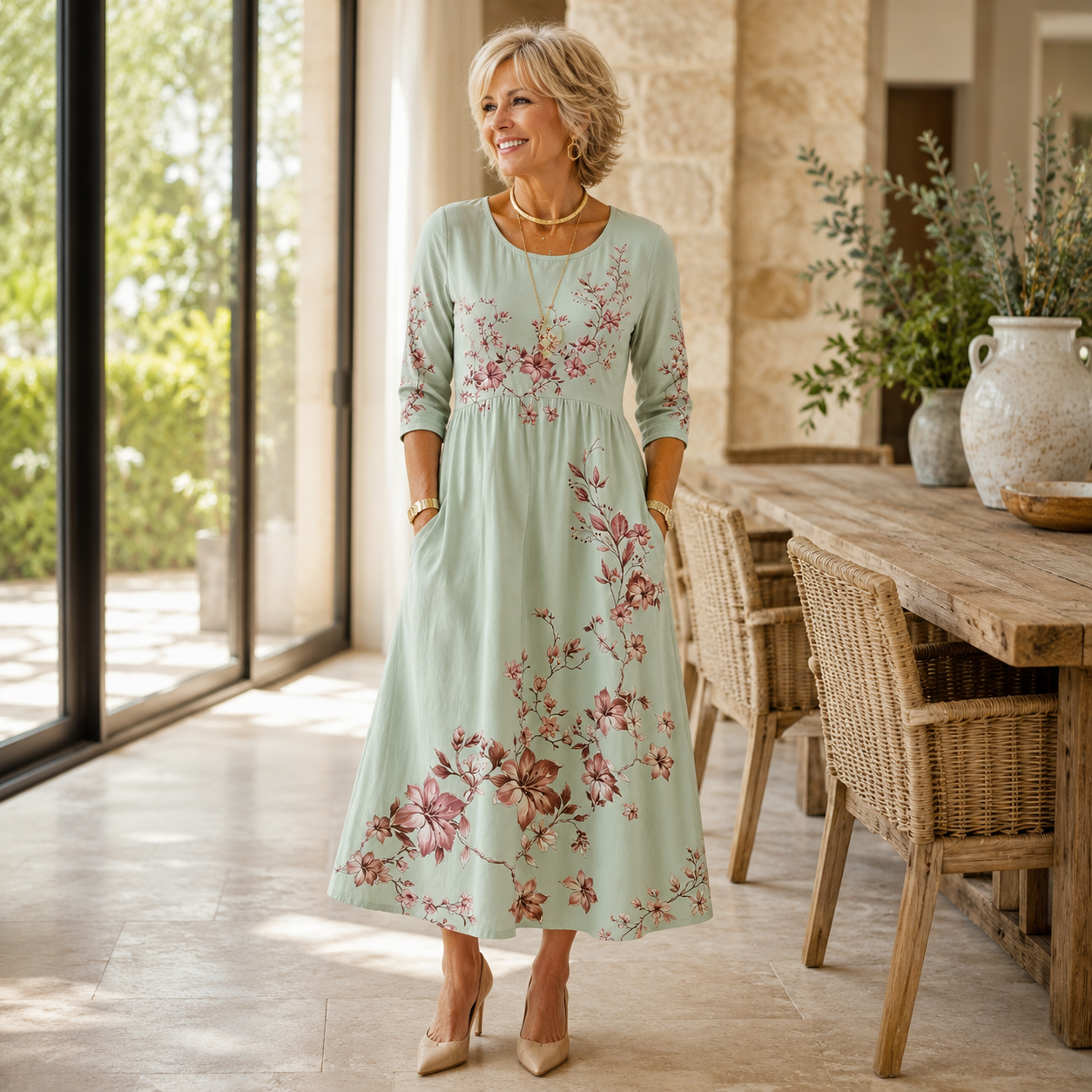 Sage Blossom Grace Pocket Dress